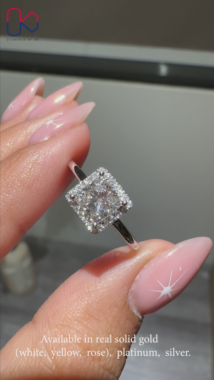 Halo diamond ring with white gold diamond ring.
