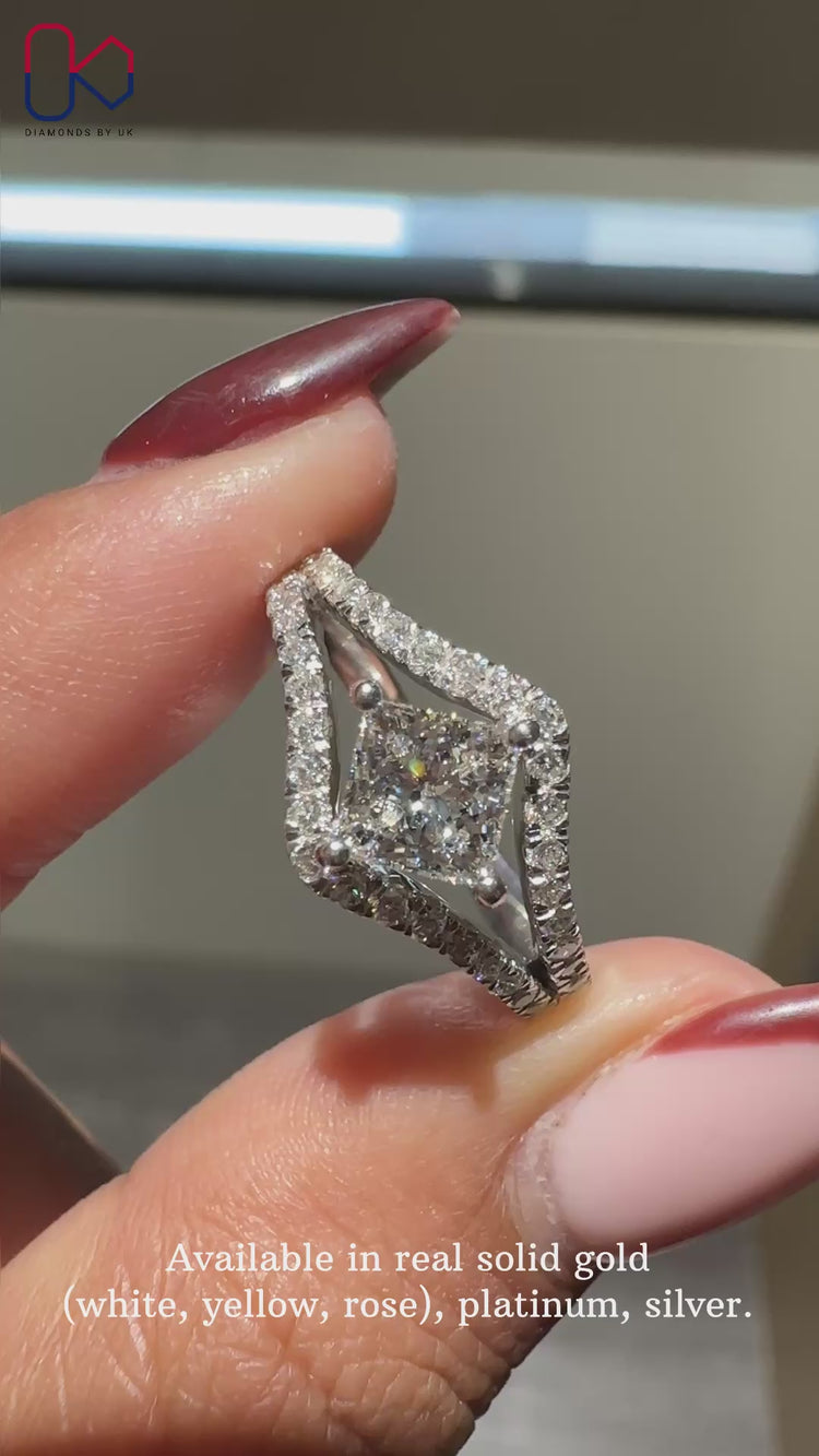 Split shank pave engagement ring with sparkling diamonds.
