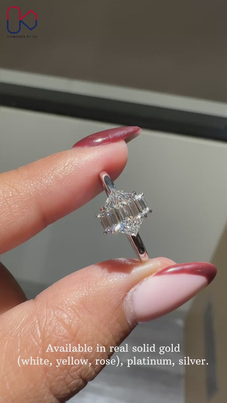 White gold handmade hexagon diamond ring by Diamondsbyuk.
