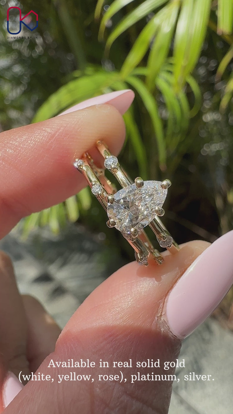 Elegant pear cut diamond set in a stunning bridal ring.
