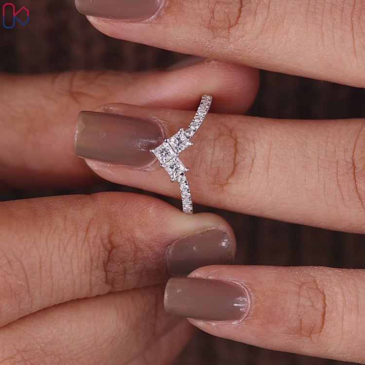 Chevron diamond band and white gold wedding band for bridal wear.