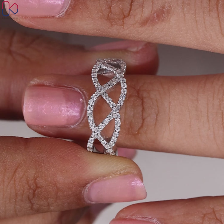 Half eternity diamond band combined with white gold wedding band.
