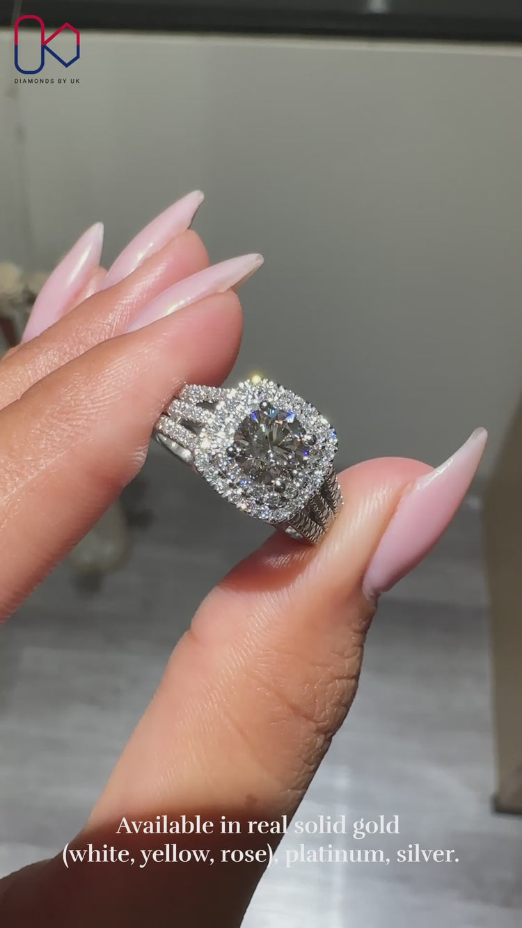 Multi row pave setting ring crafted to highlight the center round lab grown diamond.