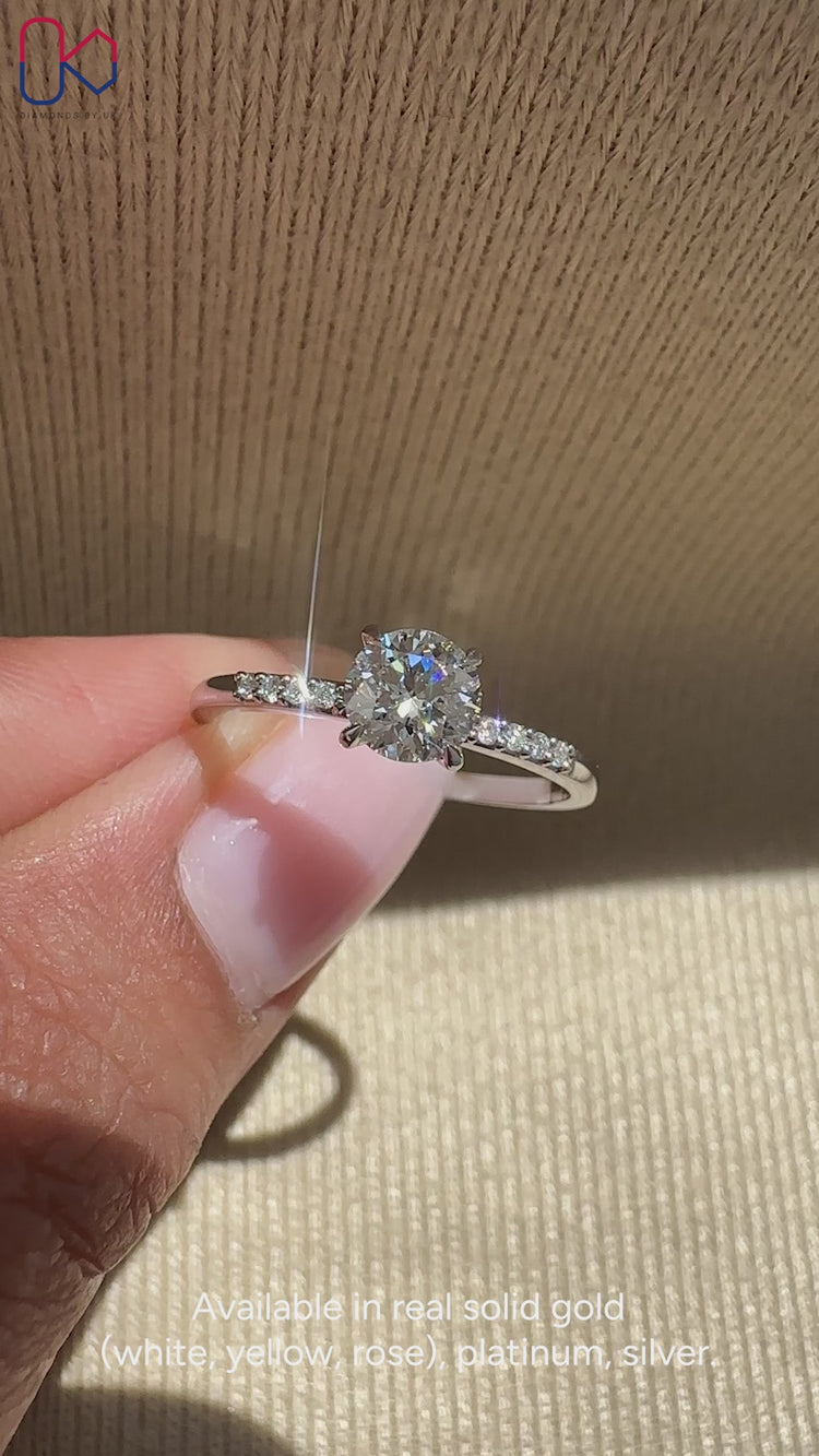 IGI certified lab grown diamond ring with claw prongs.
