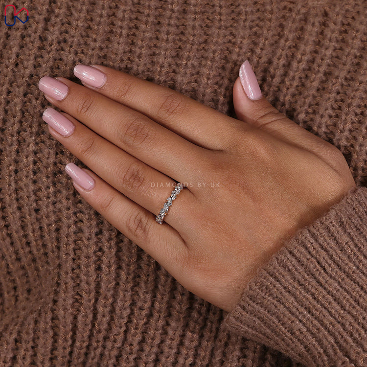 Half eternity diamond band handmade with a slim yellow gold base.
