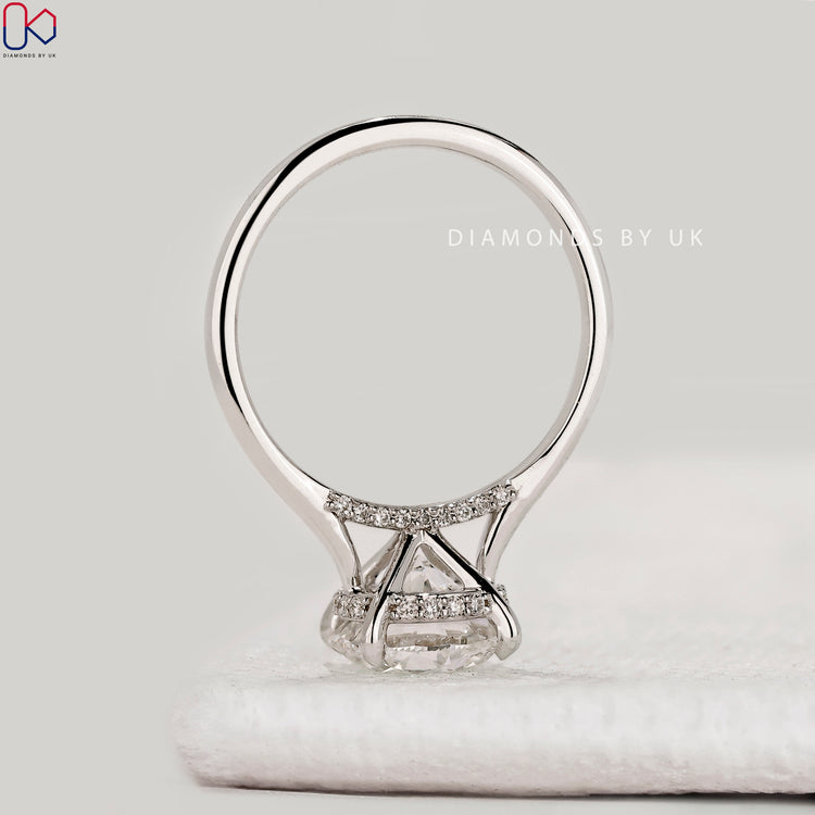 Hidden halo round ring with bridge accent design.