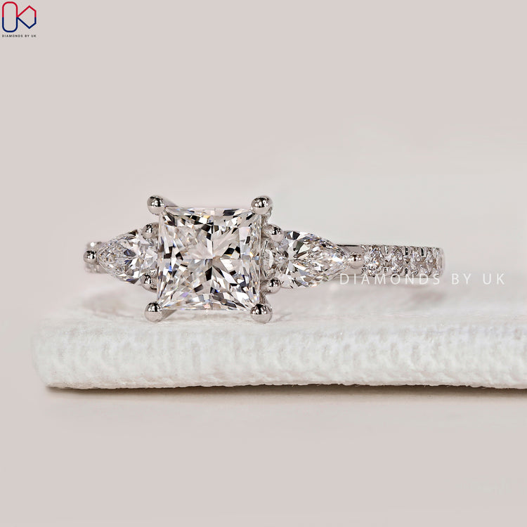 Princess cut three stone diamond ring, handmade.