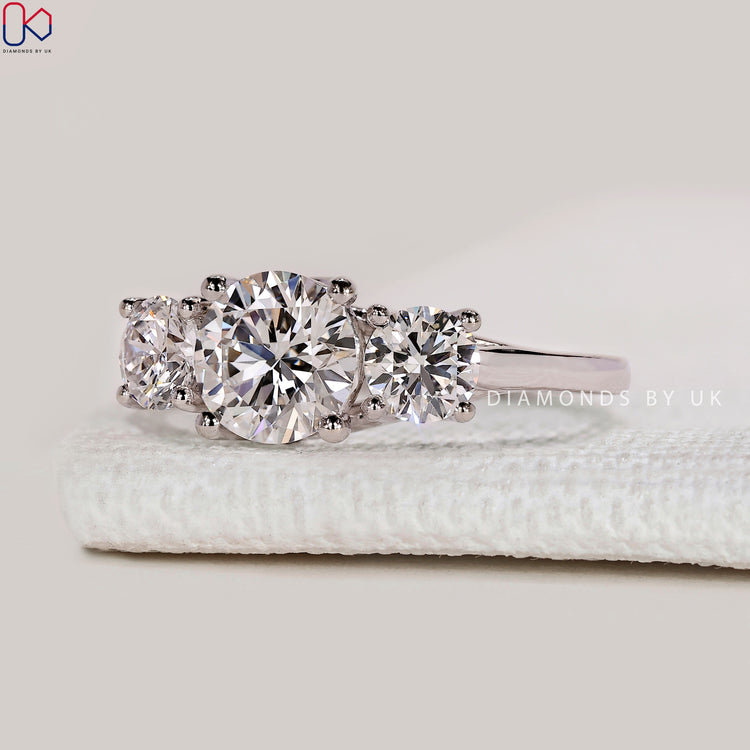 Lab grown three stone diamond ring, handmade.
