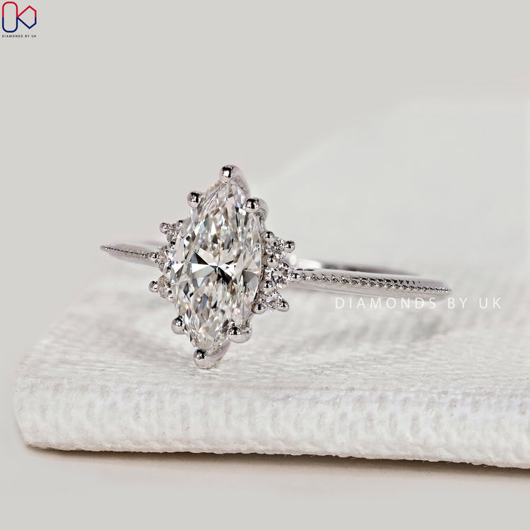 Marquise lab grown diamond ring with muse setting.
