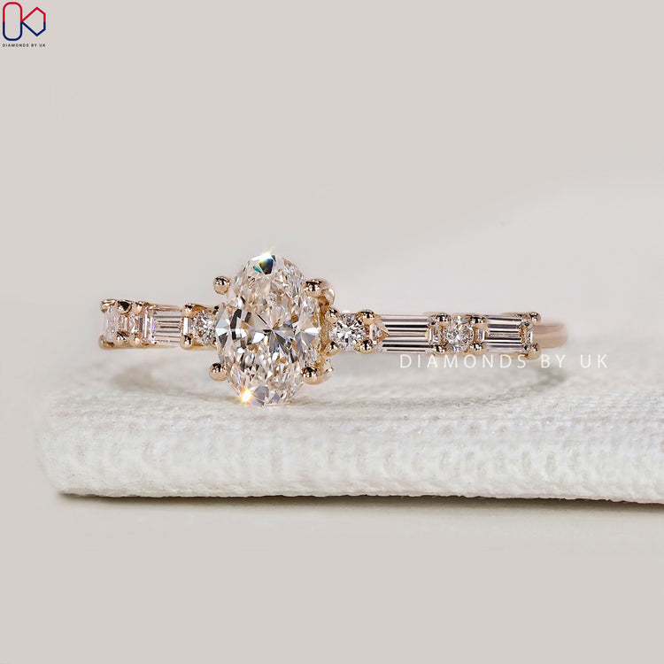 Oval lab grown diamond engagement ring, handmade.