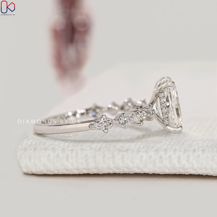 Lab grown radiant diamond ring with hidden halo style.