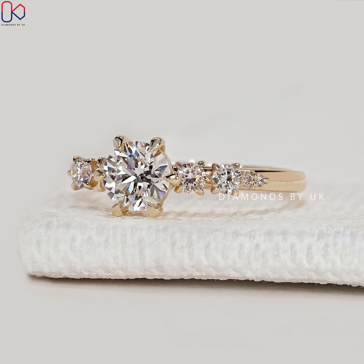 Round cut lab grown diamond ring with claw prongs.