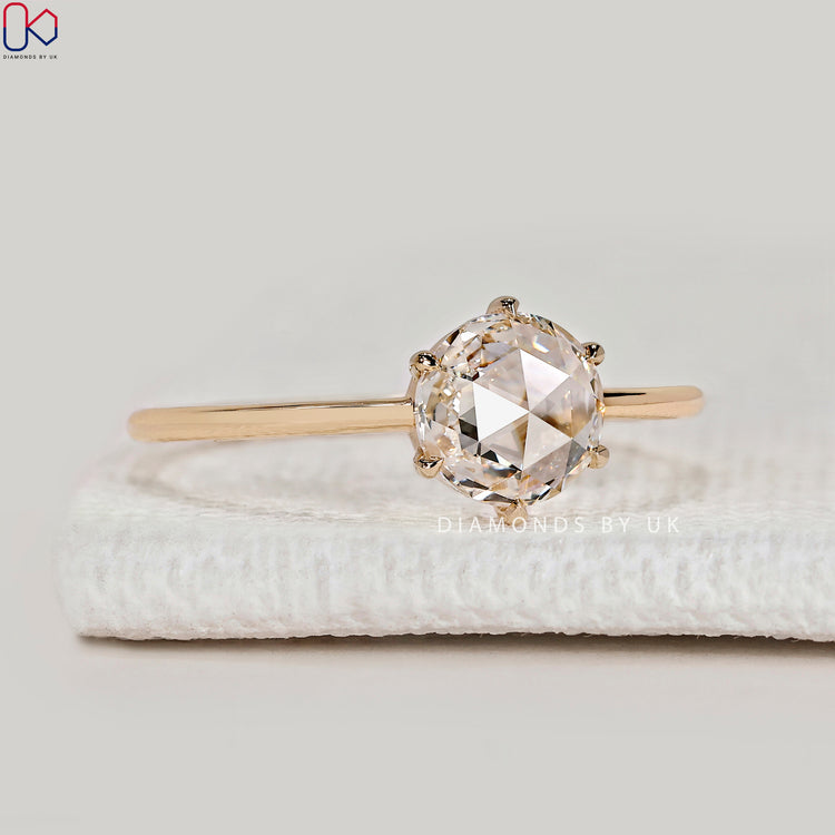 Round rose cut lab grown diamond ring, handmade.