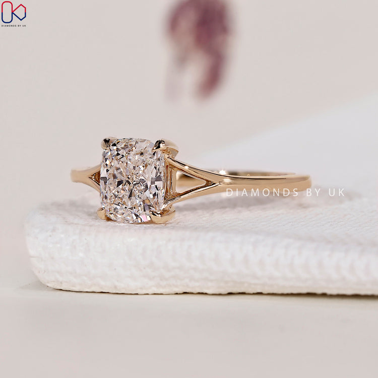 Cushion cut lab grown diamond engagement ring.
