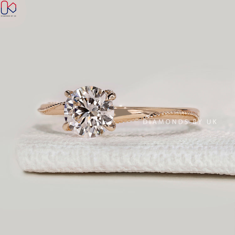 Round cut lab grown diamond ring with milgrain

