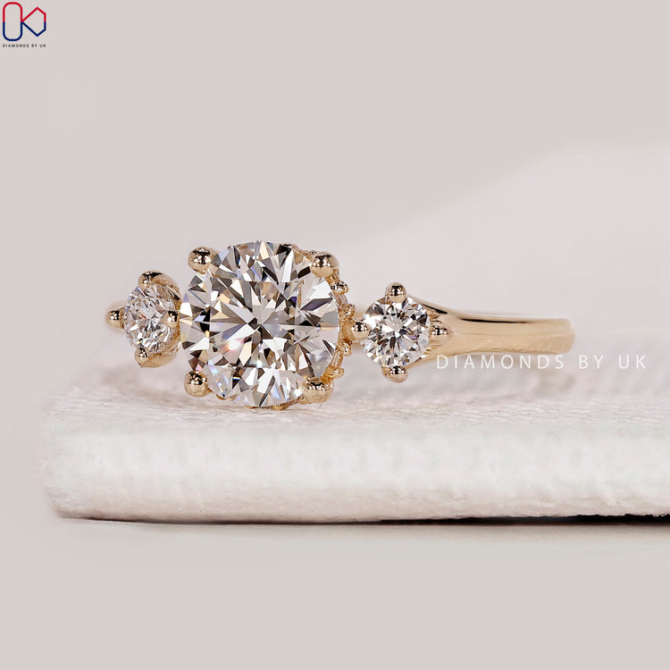 Round cut lab grown diamond ring with open gallery.