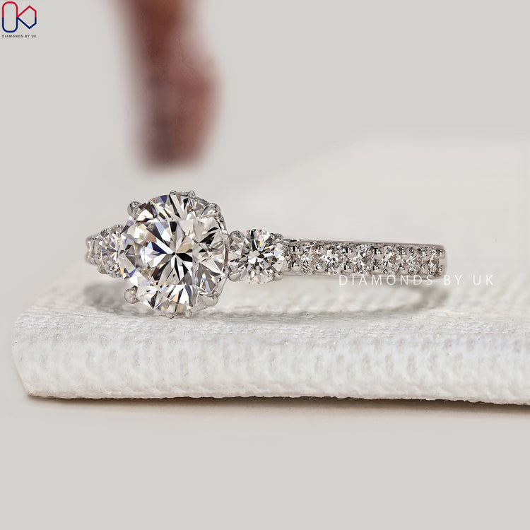 Round lab grown diamond ring with filigree setting.
