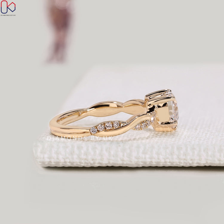 Lab grown heart cut diamond ring with V prong setting.
