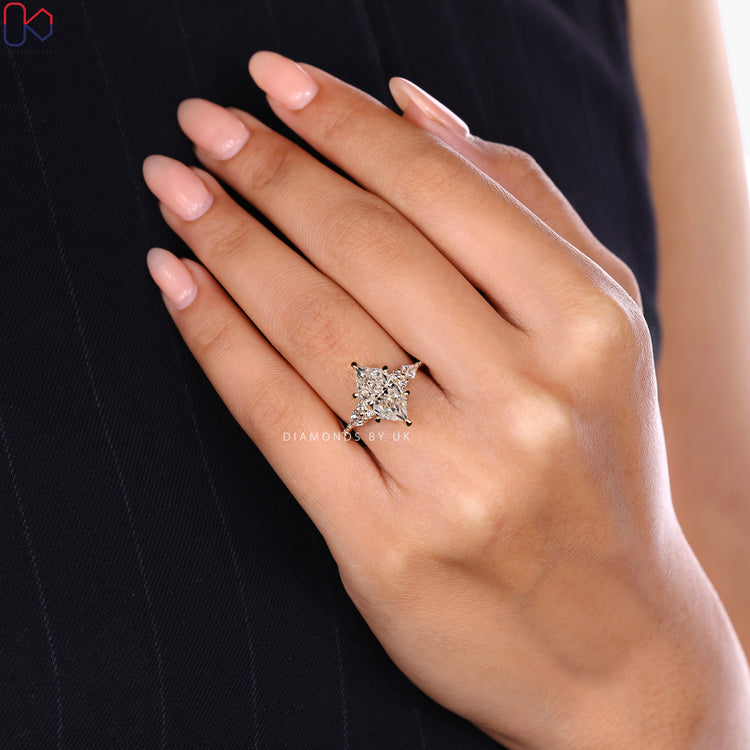 Lab grown Dutch marquise ring with six claw prong setting.  
