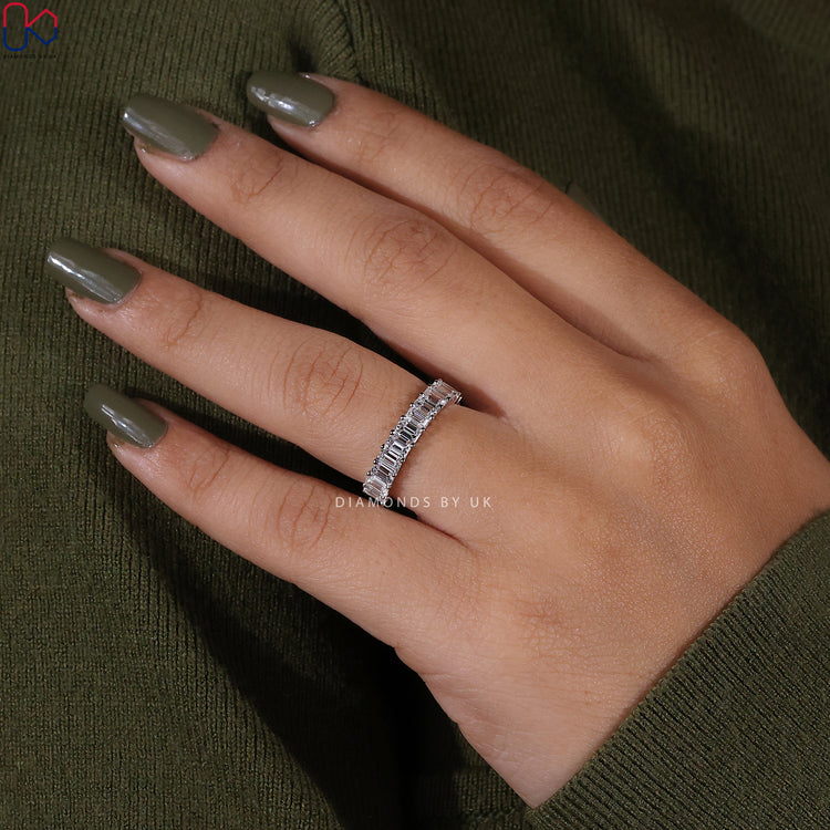 Handmade lab grown emerald cut diamond band.
